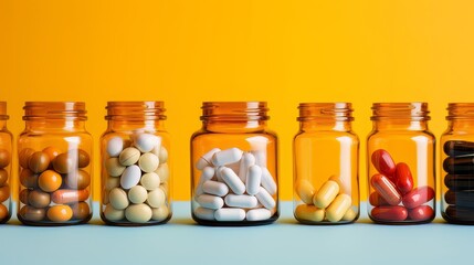 Multicolor tablets and pills capsules from glass bottles 