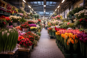 Fototapeta na wymiar colourful flowers in a flower market warehouse