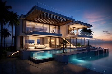 modern luxury house on the beach at night