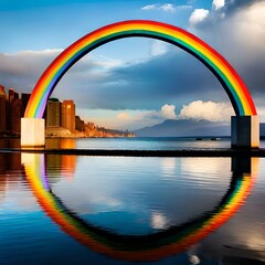 Fototapeta na wymiar rainbow bridge over river generated by AI technology