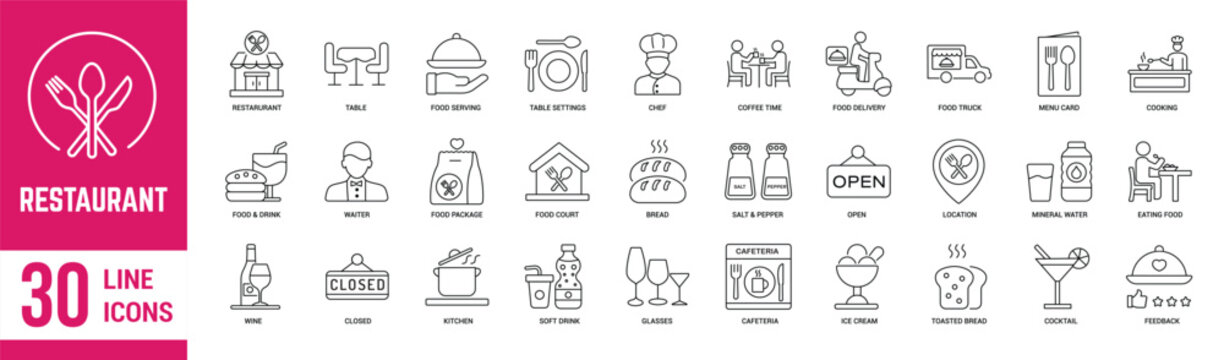 Restaurant thin line icons set. Table, food, chef, cooking, delivery, drink, water, kitchen, glasses and cocktail. Vector illustration