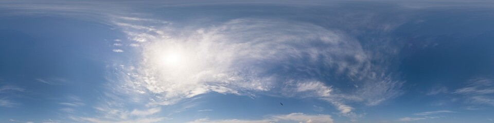Blue summer sky panorama with light Cirrus clouds. HDR 360 seamless spherical panorama. Full zenith or sky dome for 3D visualization, sky replacement for aerial drone panoramas.