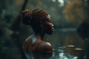 African American woman standing in the water in a wild pond outdoors