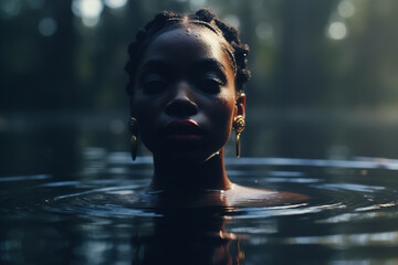 Femininity portrait in low key. African American woman in water in nature practicing wild swimming in pond and looking at camera