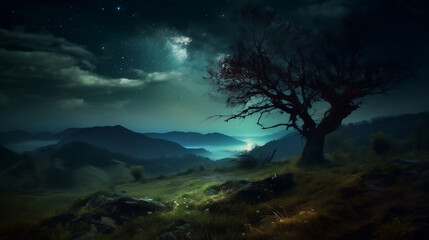 Fototapeta na wymiar nature landscape night, illustration, Generative AI