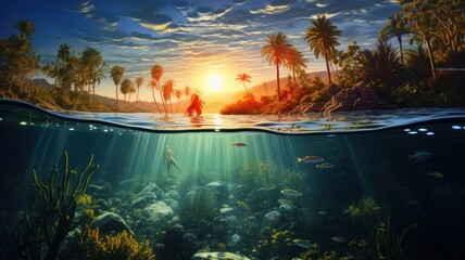 over water sunset underwater fish