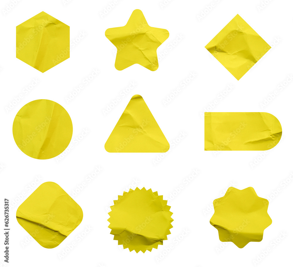 Poster set of yellow paper crumpled sticky notes tags and labels isolated on white background.