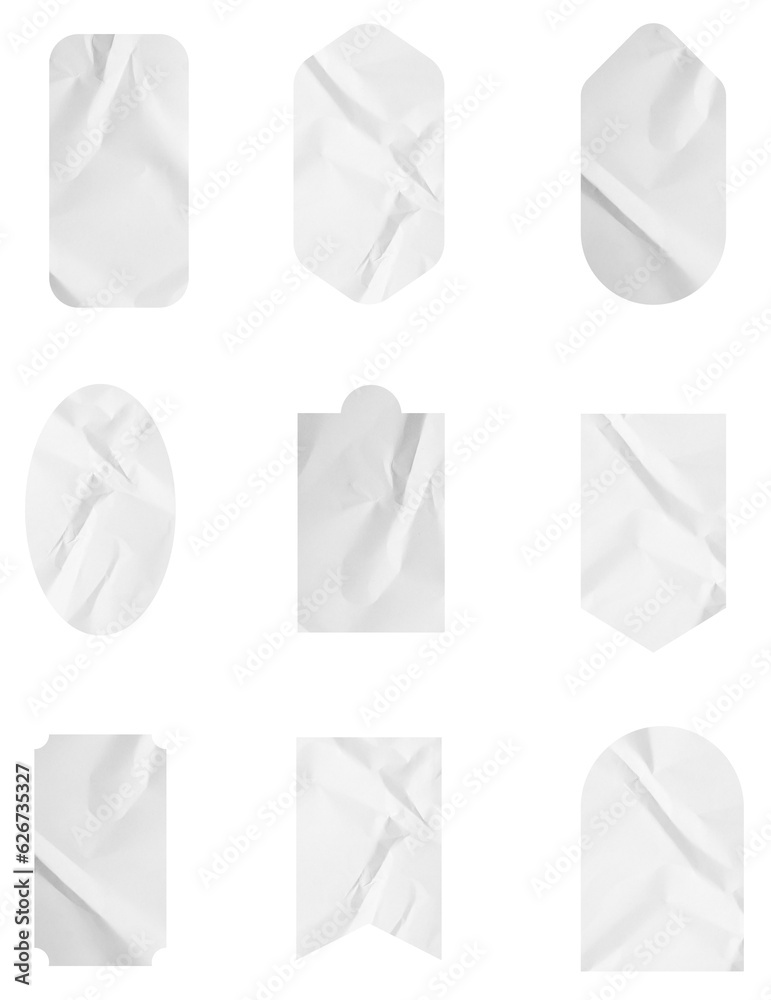 Poster set of white paper crumpled sticky notes tags and labels isolated on white background.