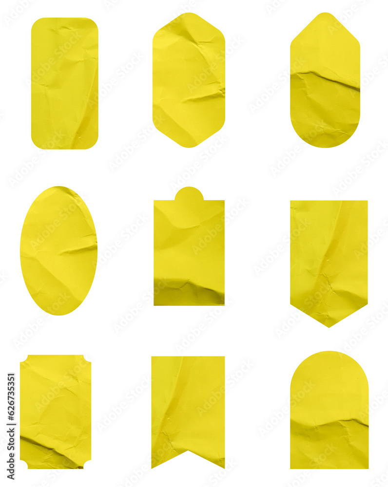 Poster set of yellow paper crumpled sticky notes tags and labels isolated on white background.