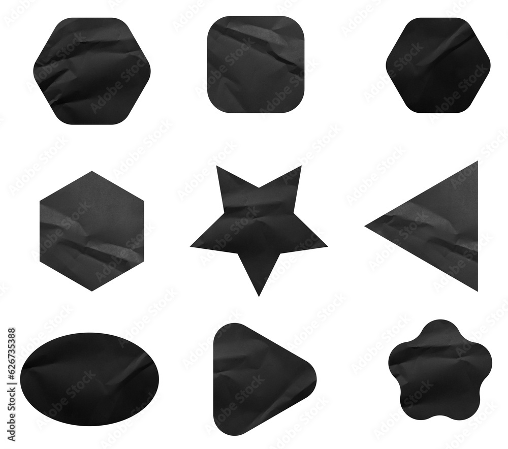 Poster set of black paper crumpled sticky notes tags and labels isolated on white background.