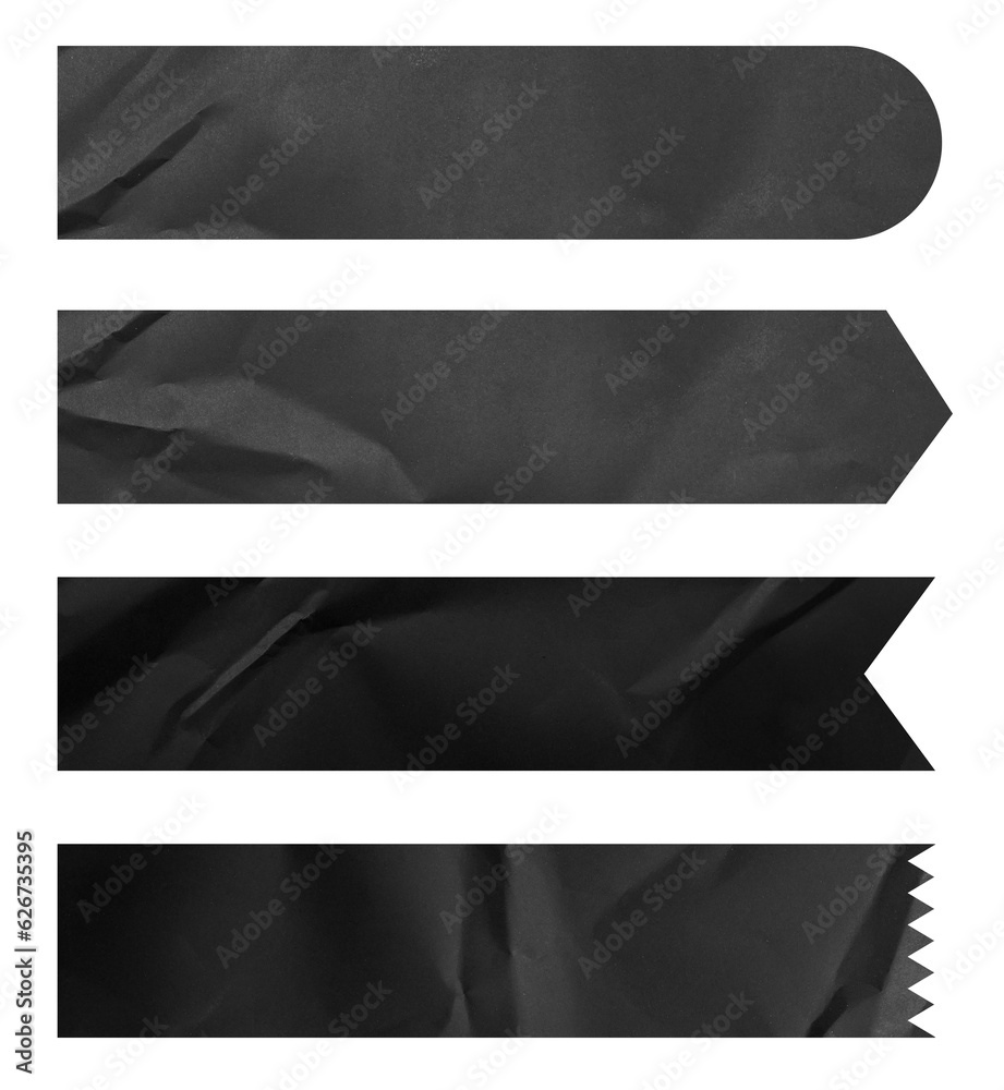 Poster set of banner black paper crumpled sticky notes tags and labels isolated on white background.