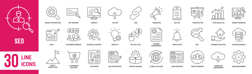Seo thin line icons set. Search optimization, business, marketing, presentation, research, creative and business solution. Vector illustration