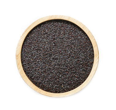 top view flat lay overhead black poppy seed in wood bowl isolated on white background. pile of black poppy seed isolated. heap of black poppy seed isolated                                   