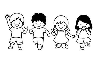 元気な子どもたち　イラスト　白黒