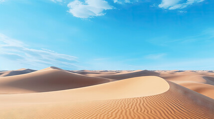Fototapeta na wymiar Desert Dune cliff sand landscape with clean blue sky. Minimal Desert natural background. Scene of Dry land Sand, dusty road without the end point, with Generative Ai.