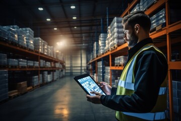 Smart warehouse, inventory management system concept, a manager using digital tablet showing warehouse software management dashboard on the blurred warehouse as background