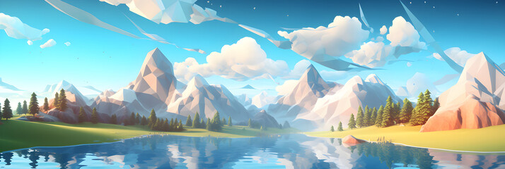 Low Poly Illustration of a beautiful landscape with lake trees and mountains - Geometric Art 