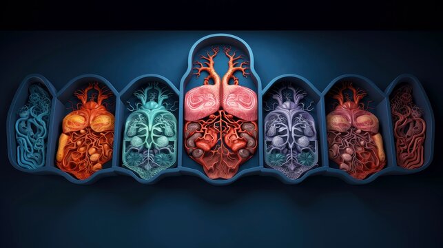 3D illustration of the human organ systems, Human internal organs. Anatomy. Nervous, circulatory, digestive, excretory, urinary,and bone systems. Medical education concept, Generative AI illustration