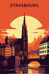 France Strasbourg retro city poster with abstract shapes of landmarks, buildings and monuments. Vintage travel vector illustration Alsace