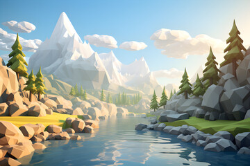 Low Poly Illustration of a beautiful landscape with lake trees and mountains - Geometric Art 