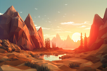 Low Poly Illustration of a beautiful sunset landscape with lake trees and mountains - Geometric Art 