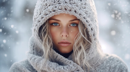 Winter portrait of a beautiful blonde young woman in a knitted hat and scarf