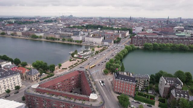 The Lakes seen from above with S&oslash;pavillonen, HC Andersens Boulevard, and Forum nearby