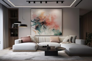 View of an Artistic Painting in a Stylish Living Room. Generative AI