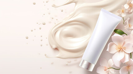 Realistic cosmetic cream or lotion bottle mockup with jasmine flower - obrazy, fototapety, plakaty