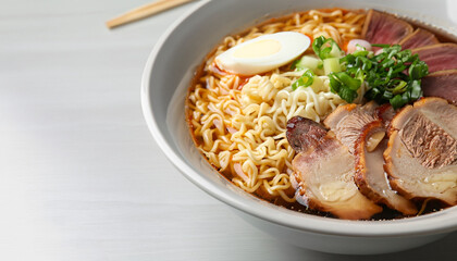 Delicious ramen with meat on white table, closeup with space for text. Noodle soup
