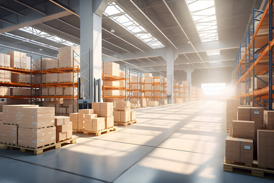 logistics warehouse interior with containers and stacked shelves 3D rendered