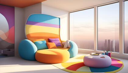 A minimalist modern living room, colorful interior on the top floor of a skyscraper with big window, and sunset view