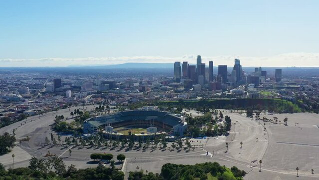 Aerial view of the Los Angeles area cityscape with Dodger Stadium