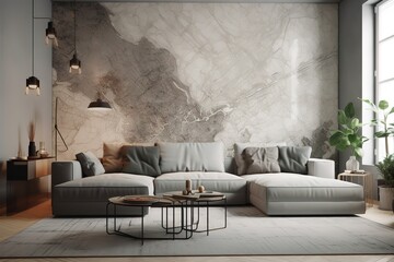 Morden living room interior decoration with sofa, a coffee table and one large landscape picture frame with pastel color background. Generative AI