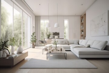 Fototapeta premium Morden living room interior with sofa, a coffee table, a lamp table, a pot of plant and one large window background. Generative AI