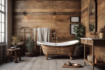 Marble and Wood bathroom with free standing tub and wooden panel accent wall. Generative AI