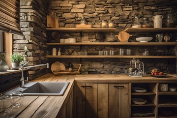 Mock up of chalkboard in kitchen interior. Panoramic background with kitchen utensils.. Generative AI