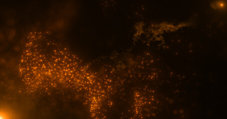 Abstract background of orange yellow fiery flying energy particles of energy magic waves with glow effect and bokeh blur