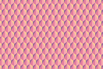 Pink, yellow, and purple optical illusion hexagon cube origami pattern. Hexagonal blocks mosaic geometric background. Vector illustration.