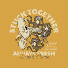 retro cartoon emblem of monkeys with winking banana