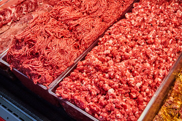 Ground beef, steak taco meat, beef, uncooked, grocery store, meat department