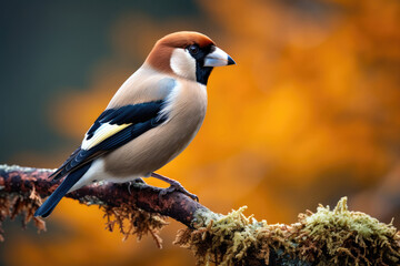 Closeup of a hawfinch on a branch