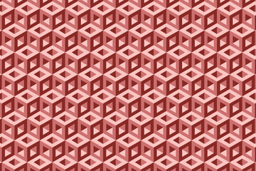 3d red optical illusion hexagonal cube seamless pattern. Op art isometric blocks wall structure geometric background. Vector illustration.