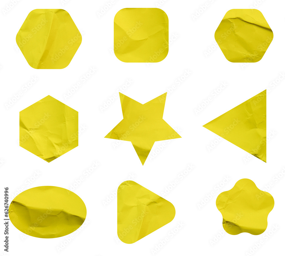 Poster set of paper yellow sticky notes tags and labels isolated on white background.