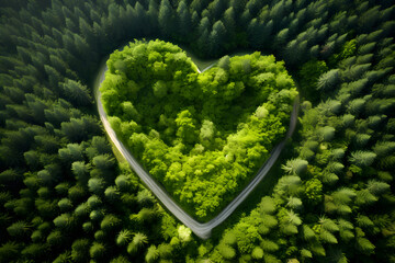 heart shape forest trees canopy clearing with path - obrazy, fototapety, plakaty