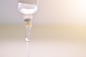close up set saline IV bag infusion drip for patient in hospital, copy space for text, life insurance business, world health day, medical and healthcare technology, global pandemic crisis problem
