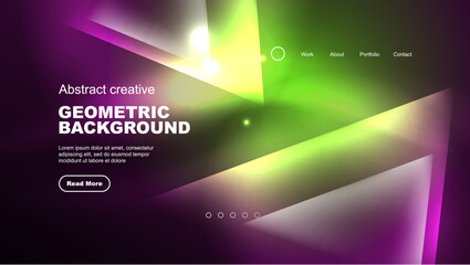 Abstract background landing page, glass geometric shapes with glowing neon light reflections, energy effect concept on glossy forms
