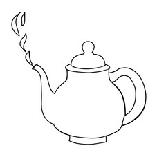 Black hand drawing illustration of a clay kettle with steam and hot water for tea isolated on a white background