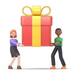 Happy smiling man and woman are carrying a large gift box. Bonus or special offer. Present.3D rendering on white background.
