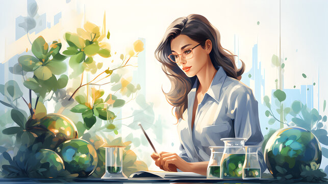 illustration science woman with research and plants test tube, Agricultural research and development concept